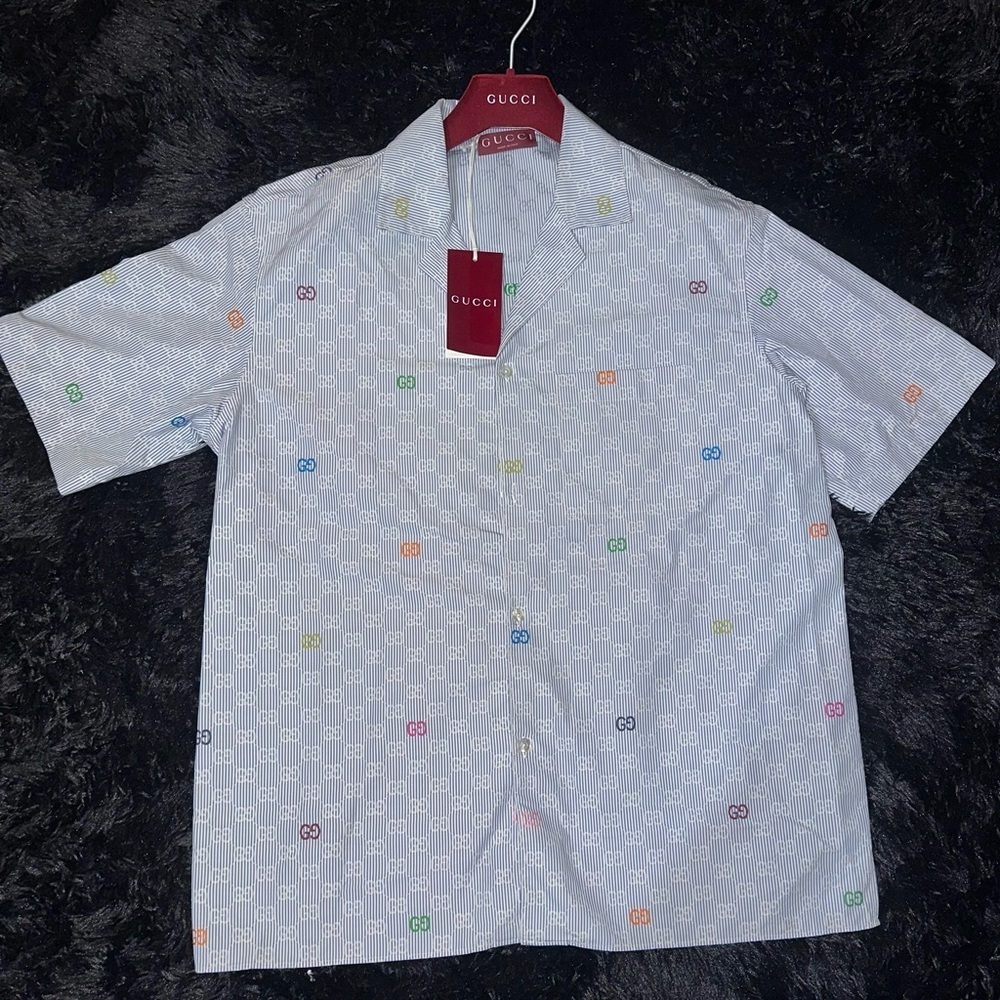 Gucci Blue Striped Short Sleeves Cotton Bowling Shirt